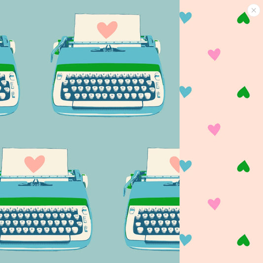 Ready to ship  Fabric Cover Handmade Quilting Pressing Board with Ruby Star Society Front-Best Day Ever Typewriter in Turquoise Back-Hearts in Peach cream