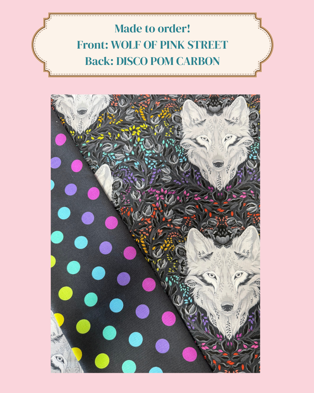 Made to order Fabric Cover Handmade Quilting Pressing Board with Tula Pink® Wolf on Pink Street and Disco Pom Carbon