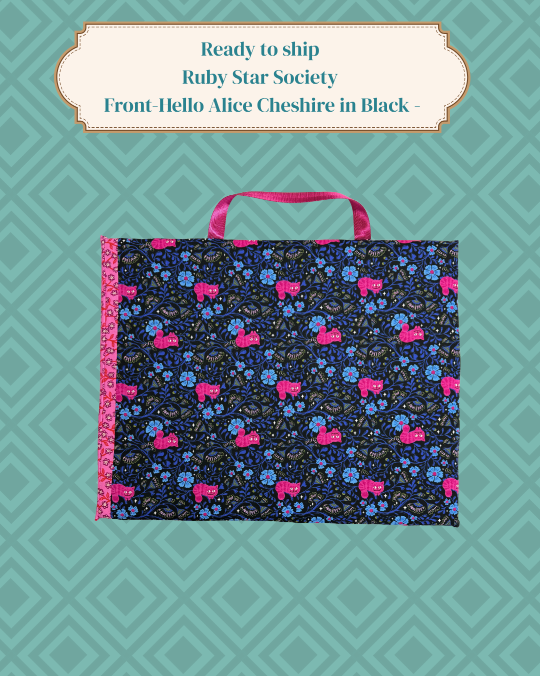 Ready to ship  Fabric Cover Handmade Quilting Pressing Board with Ruby Star Society Hello Alice Cheshire in Black and Hello Alice Chatty Garden in Lipstick